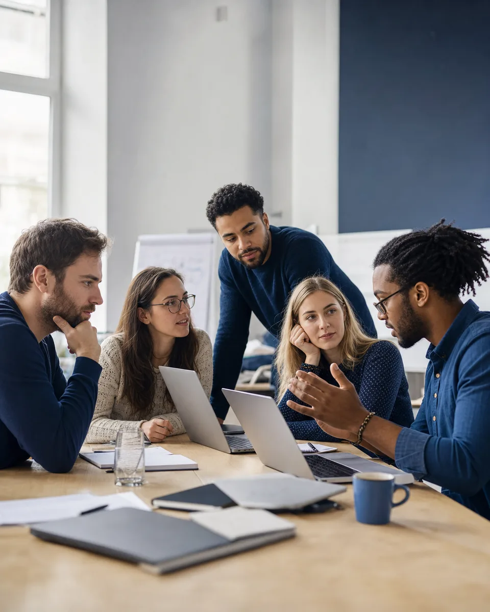 A team sharing ideas around a table